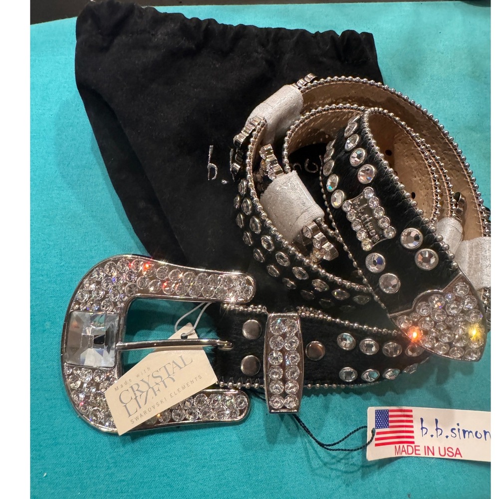 B.B. Simon Black Pony Hair Swarovski Crystal Belt XL 8060 Western Y2K NWT